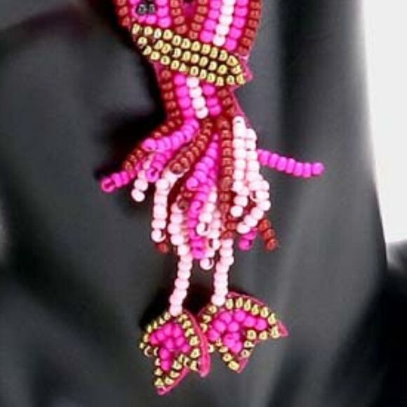 Flamingo Pink Seed Beaded Dangle Earrings - Picture 3 of 6